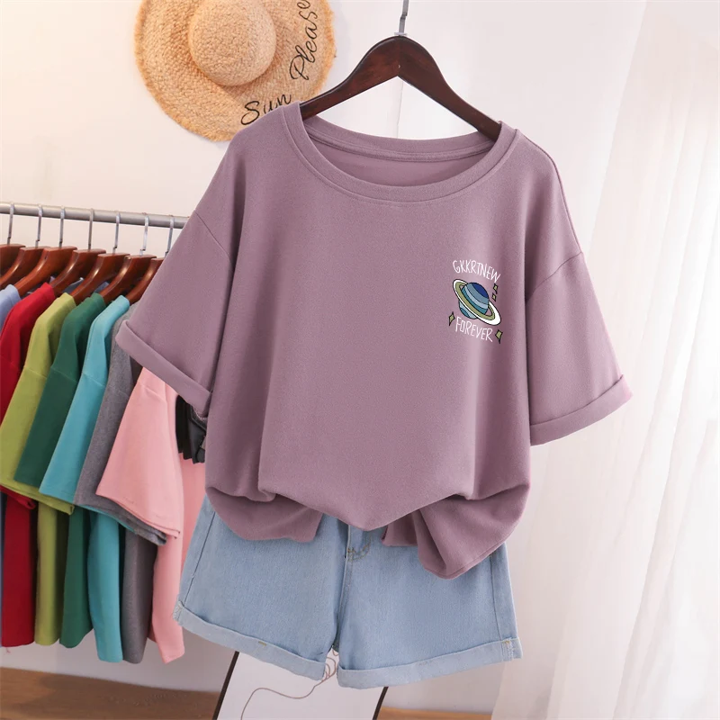

DAYIFUN 100%Cotton L-6XL T Shirt Plus Size Tshirt Short Sleeve Women Top Summer Planet Print Casual O Neck Oversized T Shirts
