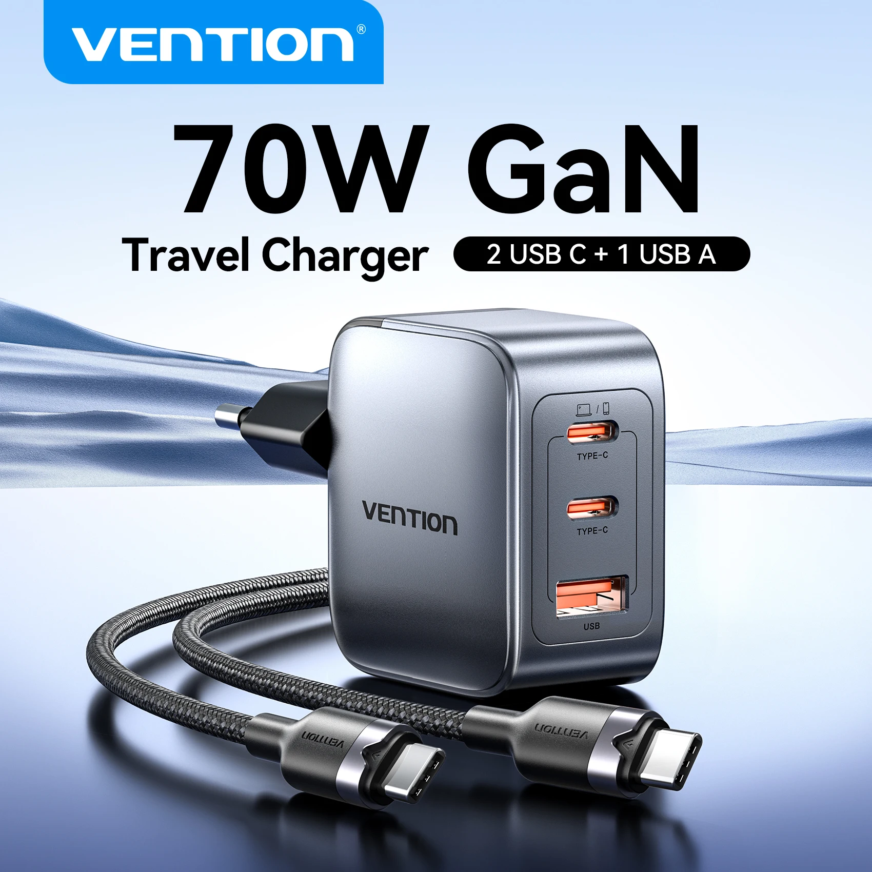 Фото Зарядное устройство GaN Vention 70 Вт Quick Charge 3.0 USB C Зарядное устройство для iPhone 16 15 14 Pro Ноутбук Macbook Air Tablet PD Type C Быстрое зарядное устройство №1