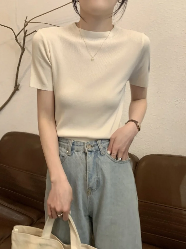 Новинка 2024 вязаная черная футболка с коротким рукавом из ледяного шелка Женский