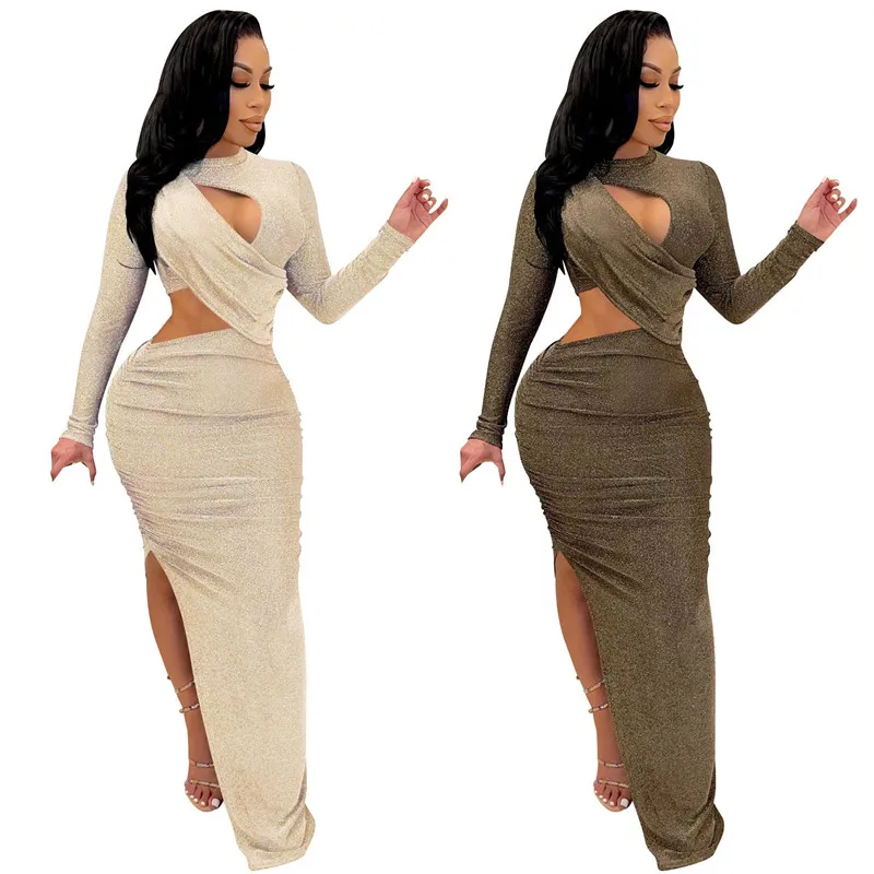

WUHE Cut-Out Goden Shiny Metallic Maxi Dress Gowns Ruched Side Slit Long Dress Celebrities Women Outfits