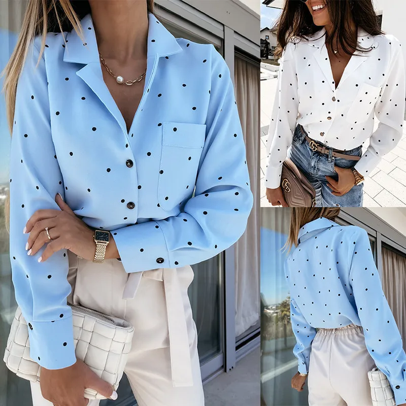 

Women White Shirts Tunics 2022 Spring/Autumn Polka Dot Fashion Blouses Button Loose Long Canvas Lapel Elegant Party Tops