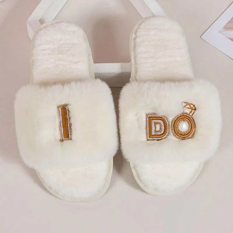 

Шлепанцы с открытым носком женские, плюшевые тапочки, искусственный кроличьи мех, нескользящая подошва, для свадьбы, подружки невесты, подр...