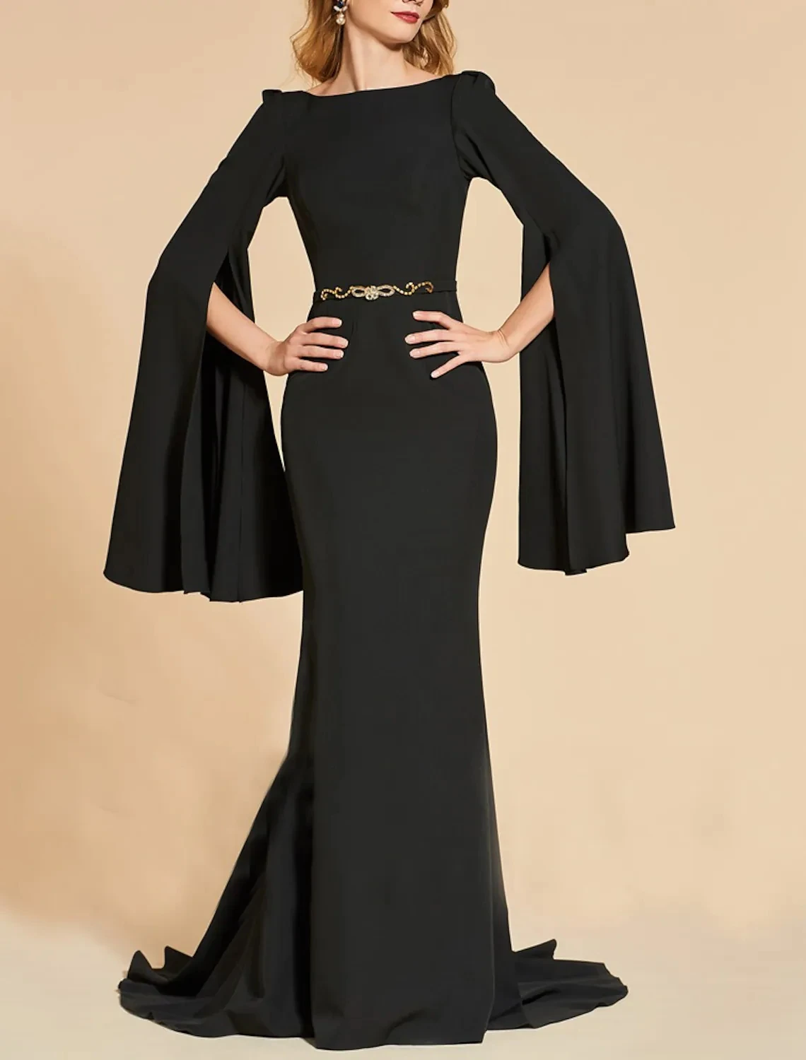 

Black Mermaid Formal Prom Dresses Scoop Backless Long Sleeve Satin Evening Party Gown Arabic Robe De Soiree Vestidos Fiesta