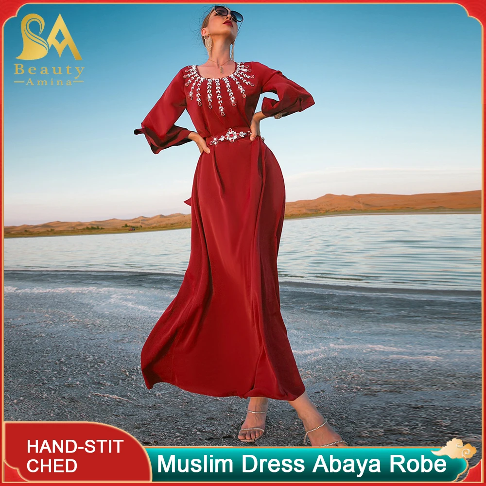 Abaya Robe Muslim Long Dress Red Hand-Stitched Diamond Dress Belt Middle East Arabian Dress Ethnic Style Women's Clothing  Ab
