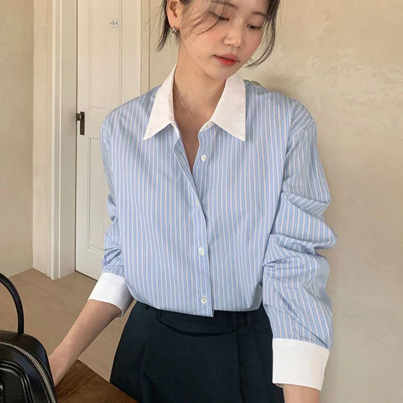 

Gidyq Women Fashion Striped Shirts Korean Casual Patchwork Female Long Sleeve Tops Y2K Elegant Office Ladies All Match Shirts