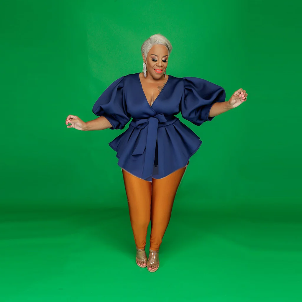 Plus Size Women's Blouse Sexy V-neck Lantern Sleeves Pleated Fashion Dress Elegant Casual Solid Color Large Size Women's Tops