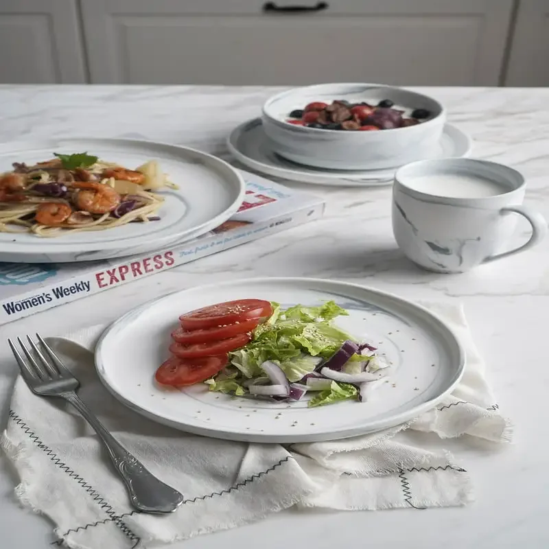 

16 искусственных серых мраморных элементов, кухонные блюда, уникальные настройки, чашки, тарелки, миски, планшет для здоровья и безопасности