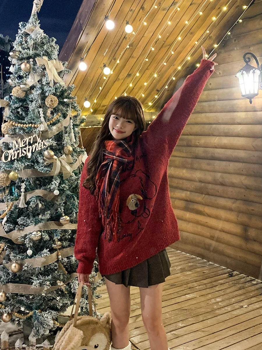 UFAD Ретро Idle Sle мультфильм трехмерный щенок пуловер с круглым вырезом свитер