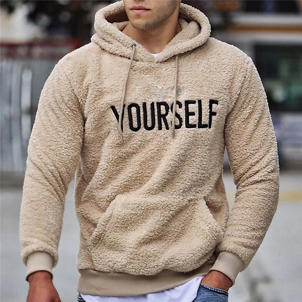 

Autumn Winter Men Warm Plus Fleece oodie Sweatsirts Casual Lon Sleeve Letter Print ooded Pullover Top Wit Kanaroo Pocket