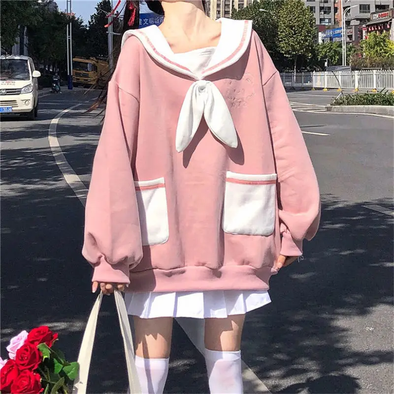 

Loose Kawaii Cartoon Hoodies Women Pink Sailor Collar Bear Japanese Preppy Style Sweatshirt Oversized Long Sleeve Casual Tops