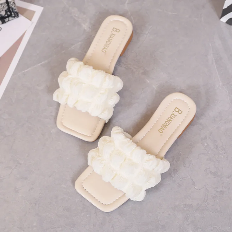 Elegant Women Minimalist Ruched Detail Flat Sandals Fashion Outdoor Polyester Single Band Open Toe Slides Sweet Summer New Shoes