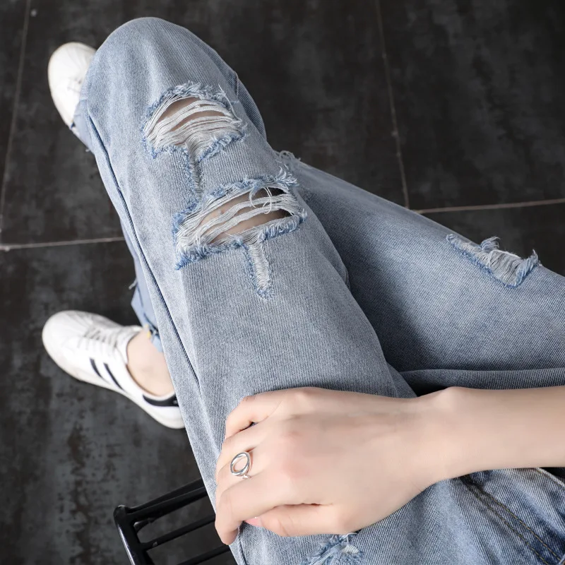 Broken Nine Point Jeans for Women Loose Fitting Summer Thin High Waisted Straight Casual Pants