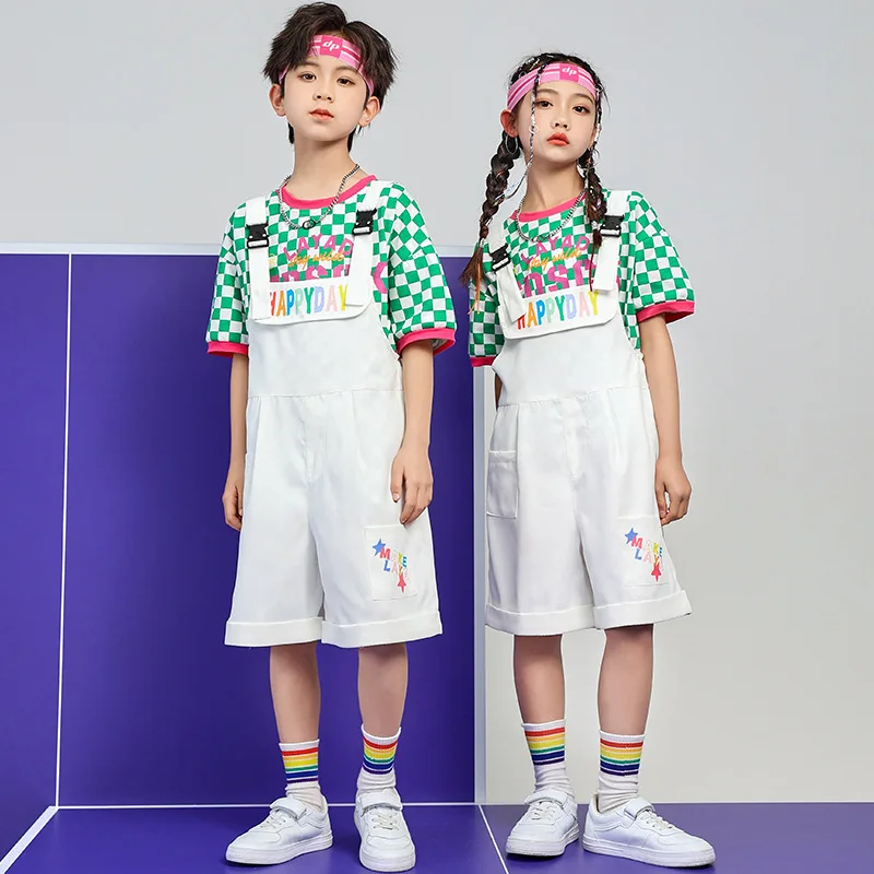 

Kid Hip Hop Green Checkered T Shirt Wide Casual Bib Shorts Overalls for Girl Boy Jazz Dance Kindgarten Perform Costume Clothes