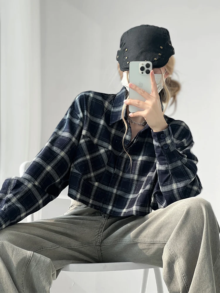 Accent Retro Plaid Shirts Women Design 2025 Spring and Autumn BF Sle Loose Casual Shirt Short Top Outerwear