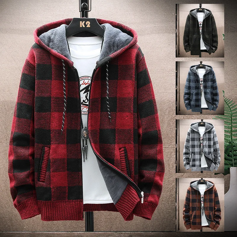 

Sweater jacket Men Sweater Mens Coat hooded jacket men's Korean casual Plush thickened jacket knitted zipper New warm Men 2021