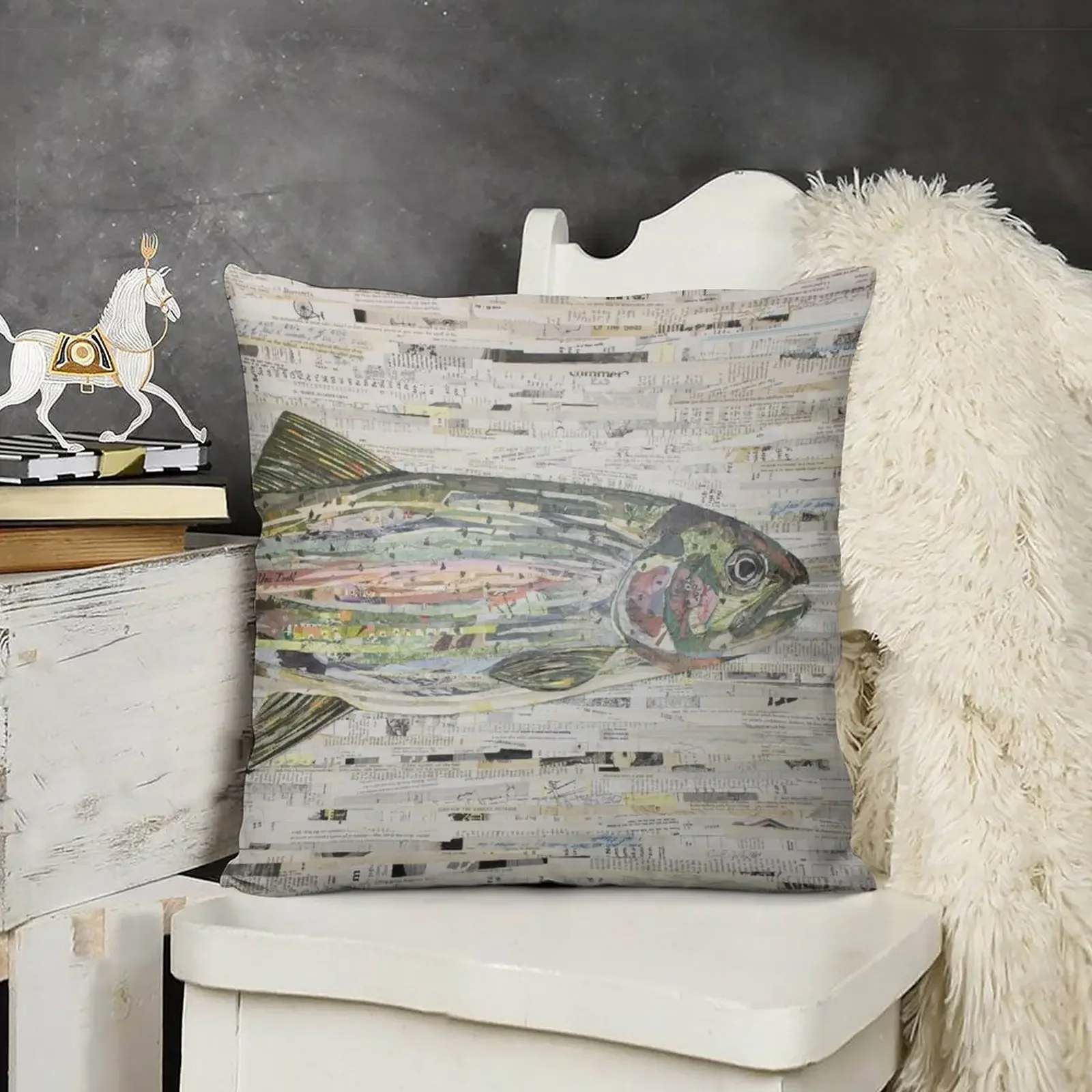 Коллаж из радужной форели от C.E. Белая (v3) декоративная подушка для рыбалки