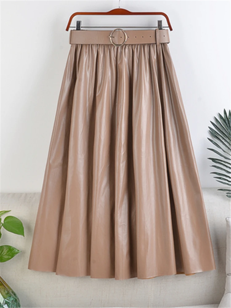 Осенне-зимняя элегантная юбка-трапеция из искусственной кожи с высокой талией -