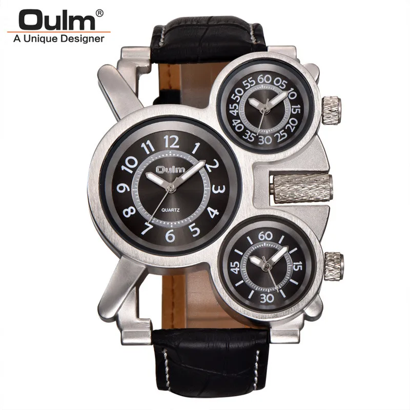 

Oulm 1167 Sports Men Watches 3 Time Zone Travel Casual Leather Strap Wristwatch Luxury Brand Male Clock Military Watch
