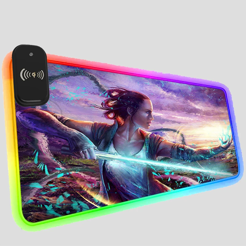 

Коврик для мыши с беспроводной зарядкой RGB, светодиодный игровой коврик с клавиатурой «Звездные войны» Рей, компьютерные аксессуары, большо...