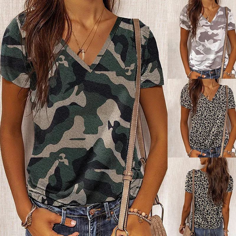

2022 Women's Leopard Print Theme 3D Printed Painting T Shirt Striped 3D Print V Neck Basic Tops Summer Loose Plus Size Shirts
