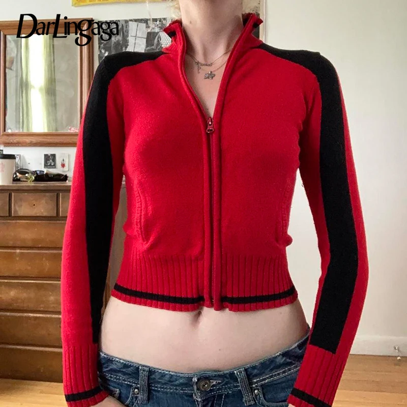 

Darlingaga Fashion Stripe Autumn Cardigan Female Turtleneck Knit Sweaters Zip Up Jacket Slim Christmas Red Vintage Knitwears New