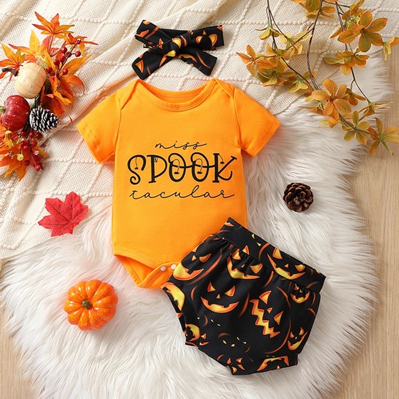 

0-2Y 2023 Infant Baby Halloween Jumpsuit Outfits Short Sleeve Letter Print Romper Pumpkin Shorts Bow Headband Toddler Clothes