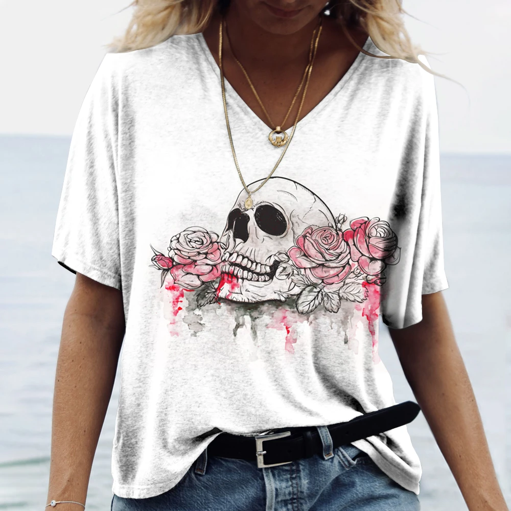 

Scary Skull Print Summer Women's T-shirt V-neck Short Sleeve Street Cool Tops Tees Women's Oversized Clothing Casual T Shirt