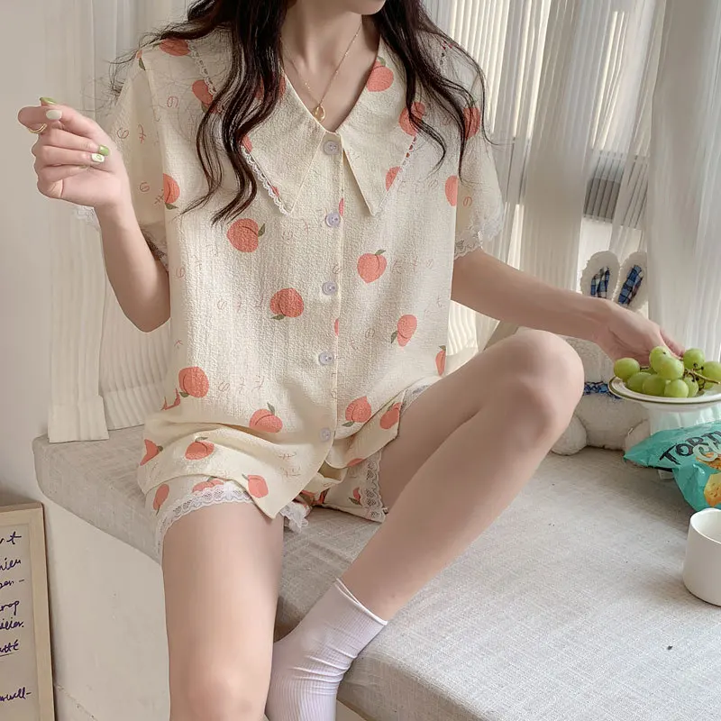 Women Summer Grid Cherry Bear Print Cartoon Kawaii Trendy Womens 2pcs Pyjamas Elegant Pajama Sets Turn-down Collar Short Sleeve