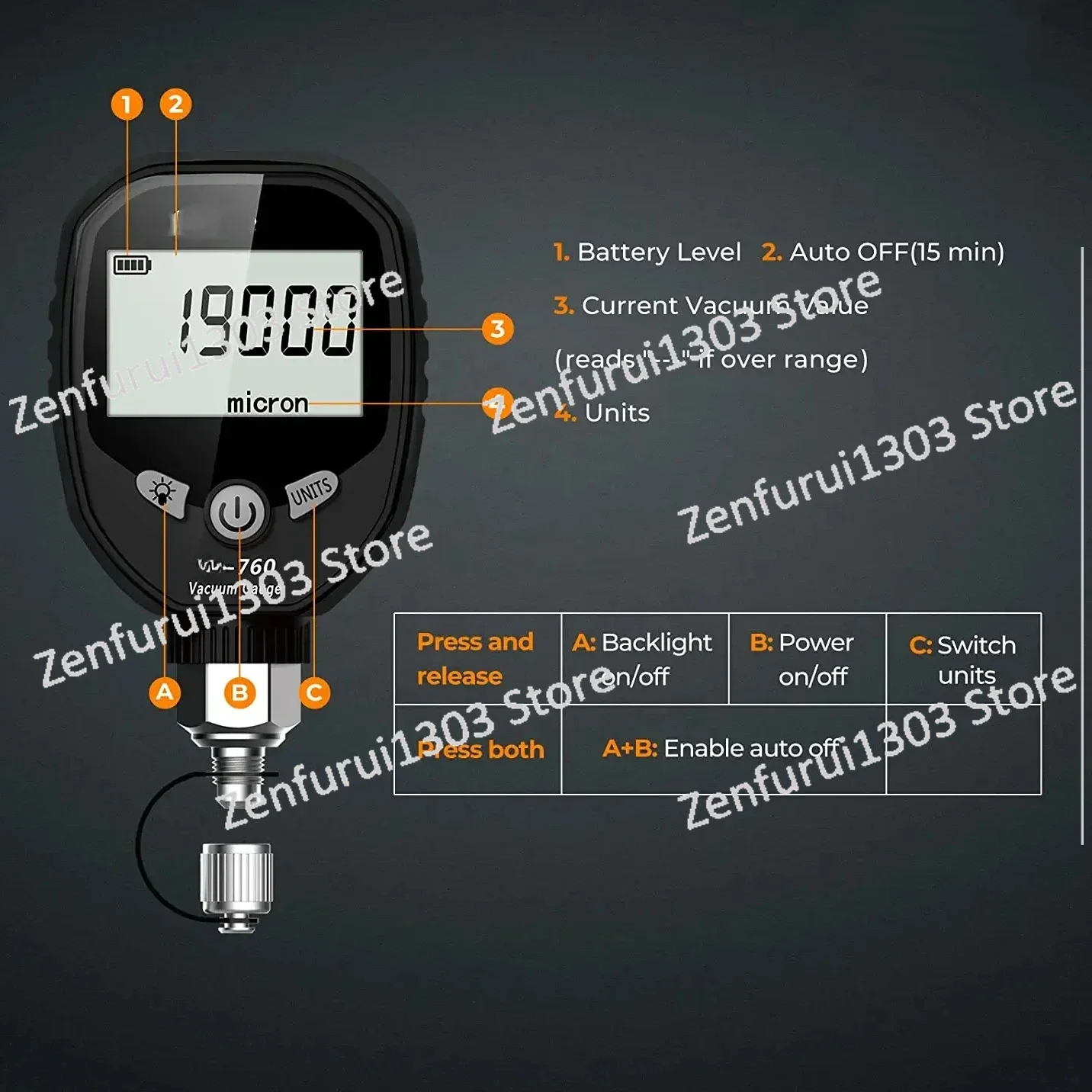 Цифровой вакуумный измеритель микронный 0-19000 микрон хладагента 1/4 дюйма SAE VGS-190