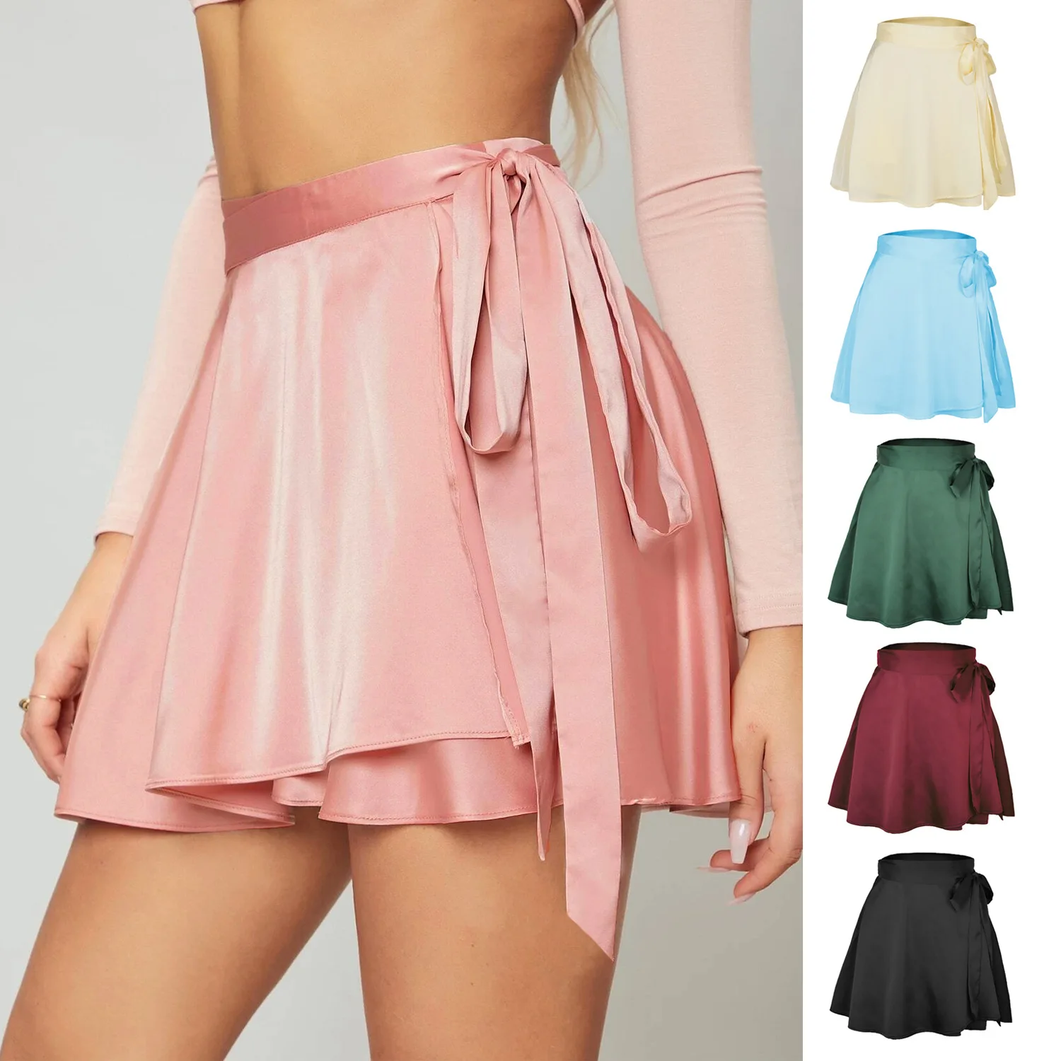 

2023 Solid color skirt high waist fashion one-piece lace up skirt chiffon satin wrap skirt