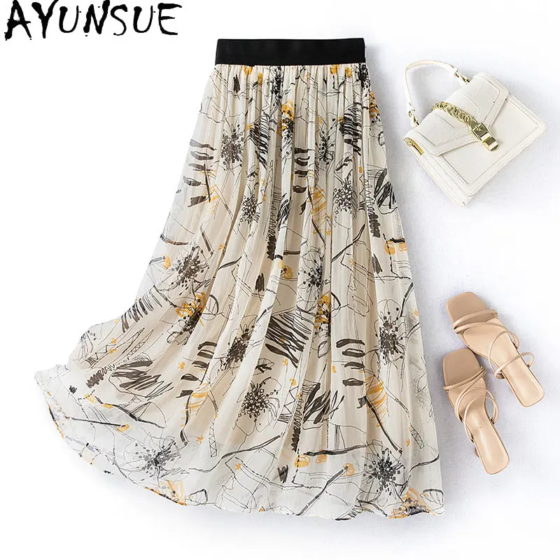 

Женская Длинная тонкая юбка, юбка из натурального шелка тутового шелкопряда с цветочным принтом на лето, 95%