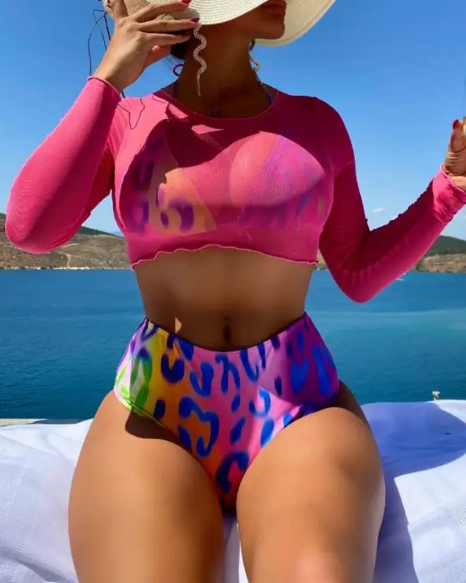 

Летний комплект бикини с лямкой на шее и леопардовым принтом из 3 предметов