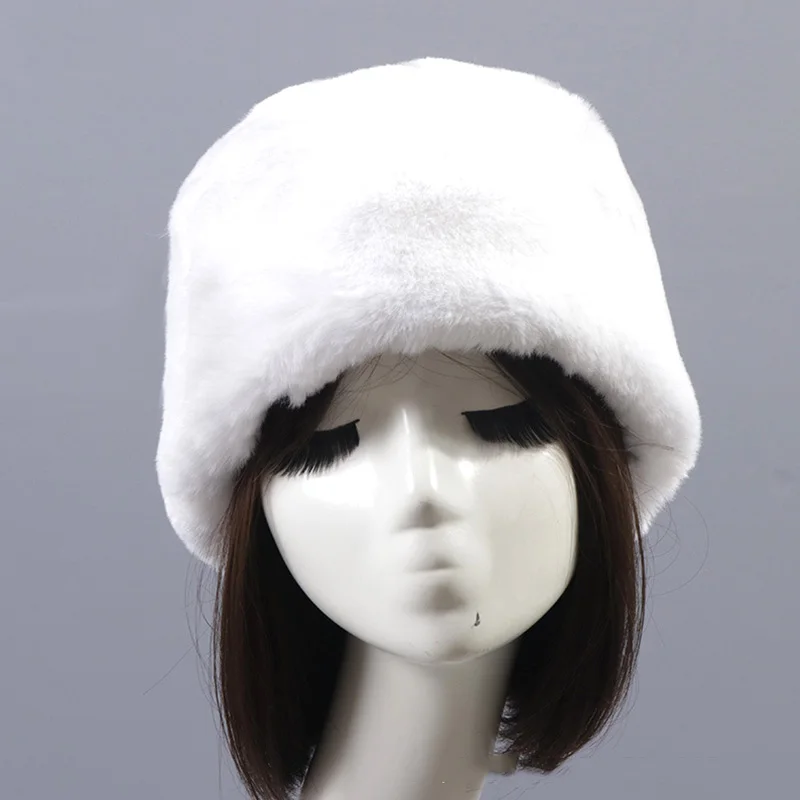 

Faux Fur Round Flat Top Caps Women Short Plush Fur Cap Solid Color Furry Beanie Hats Autumn Winter Thick Warm Hat