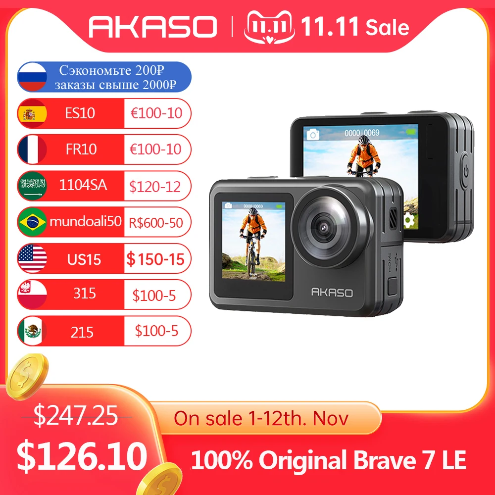 Cena AKASO Brave 7 LE 4K30FPS 20MP WiFi Kamera Akcji 4K Ekran Dotykowy Vlog Kamera EIS 2.0 Pilot Kamera Sportowa Wodoodporna Kamera