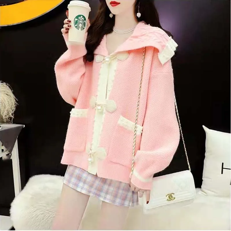 

DAYIFUN High Quality Sweater Oversize Lolita Sweet Peter Pan Collar Cardigan Knitted Loose Women's Coat Cute Long Sleeve Top