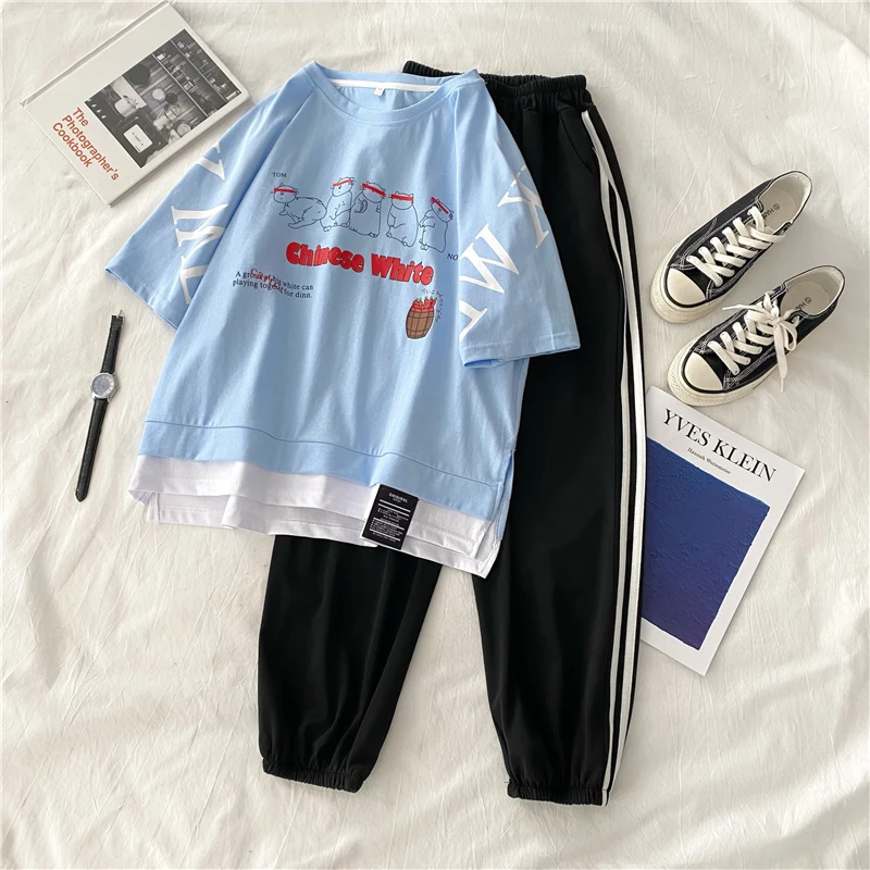 

harajuku Women 2pcs Sets Outfits Ladies Casual loose Sports Sweat Suit short Sleeve t shirt Tops + Long Pants student Tracksuits