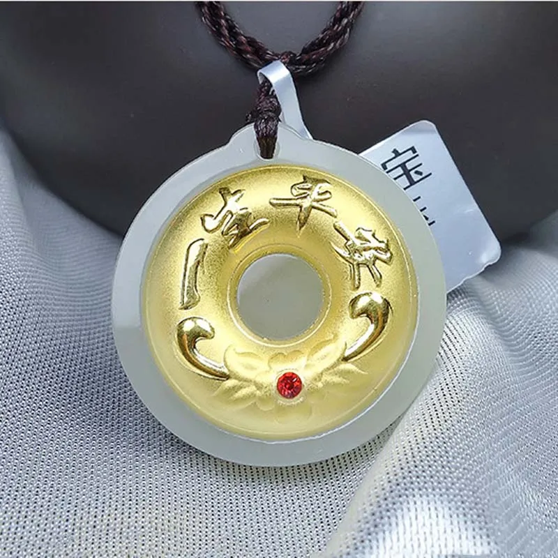 

24K Gold Inlaid Hetian Jade Peace Pendant Women's Lucky Boutique Life Peace Jewelry 925 Silver Necklace Gift Box Certificate