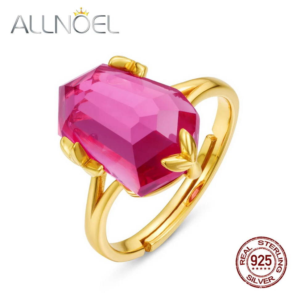 

ALLNOEL 925 Sterling Silver Ring For Women 15*10*5mm Synthetic Pink Topaz Irregular Gemstone Adjustable Jewelry Engagement Rings