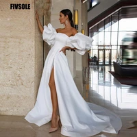 fivsole elegant satin strapless long side slit boho wedding dresses puff sleeves beach princess bridal gown country bride dress