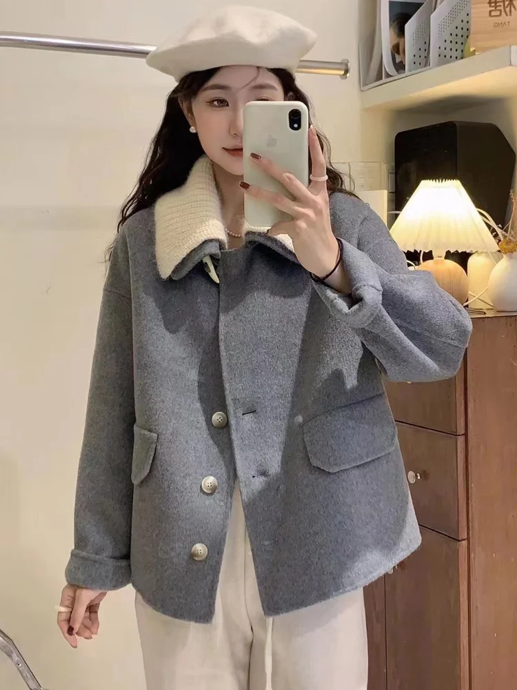 

Двустороннее кашемировое пальто в стиле Хепберн, женское короткое вязаное пальто с воротником в Корейском стиле для маленького мужчины, новинка зимы 2022, шерстяное пальто