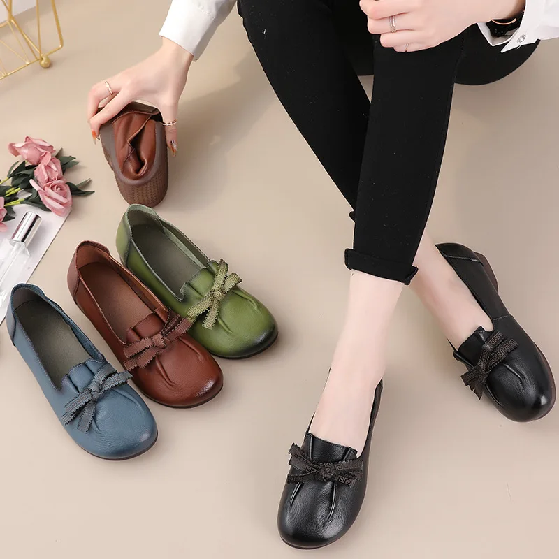 Luxury Green Ballet Flats Comfortable Elegant Women's Shoes Genuine Leather Loafers Ladies Bowknot Woman Soft Blue Moccasins
