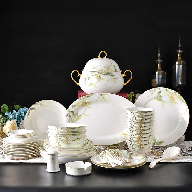 

52 PCS Ceramic Tableware chaozhou European style Luxury Bone China Enamel Bowl dish and Dishes Set Gift Box