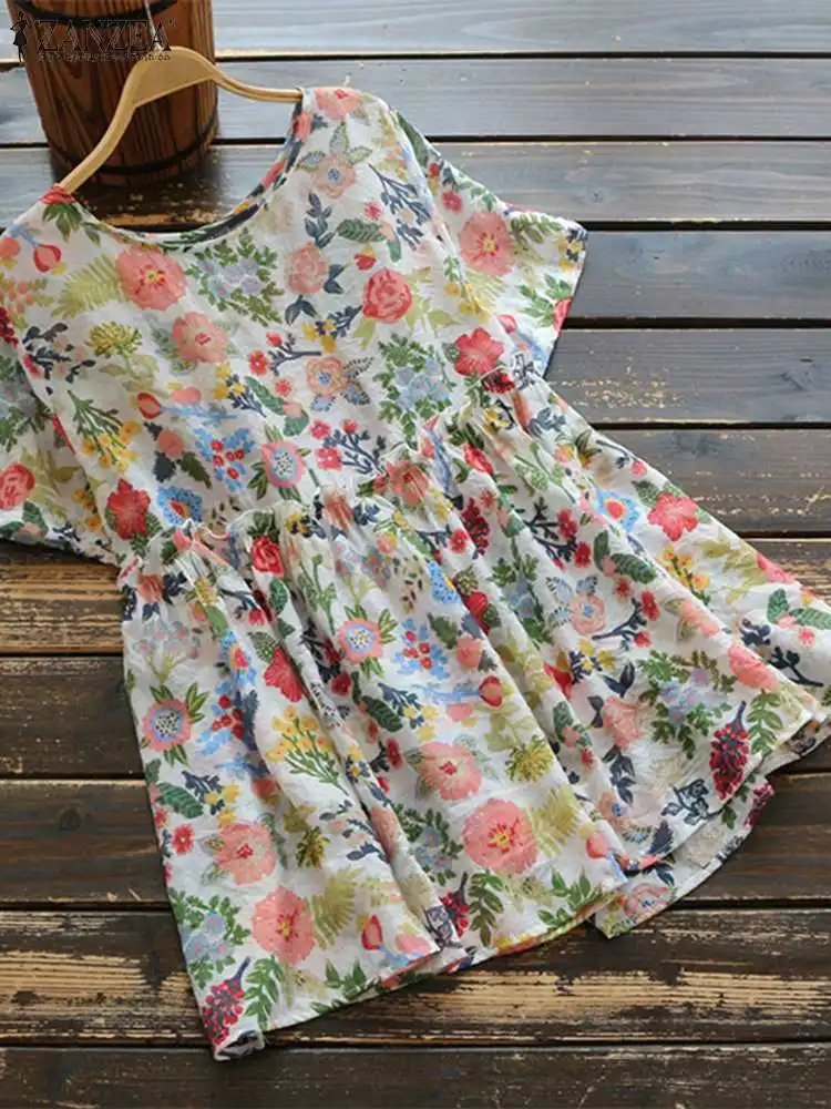 

Fashion Women Crop Tops ZANZEA Bohemian Floral Printing Blouse Casual Round Neck Short Sleeve Pleating Waisted Summer 2023 Tunic