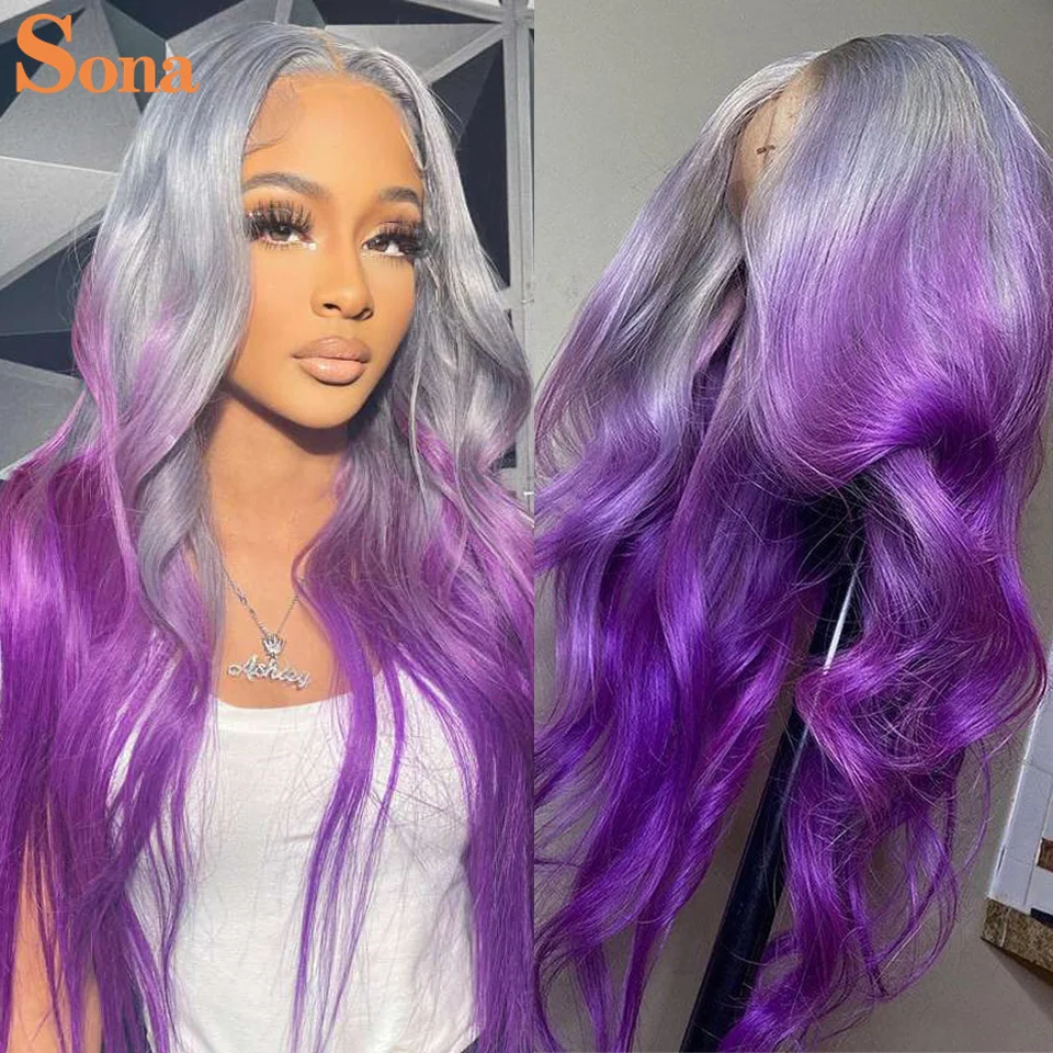 Парик из натуральных волос с эффектом омбре светло-серый фиолетовый волнистый 2