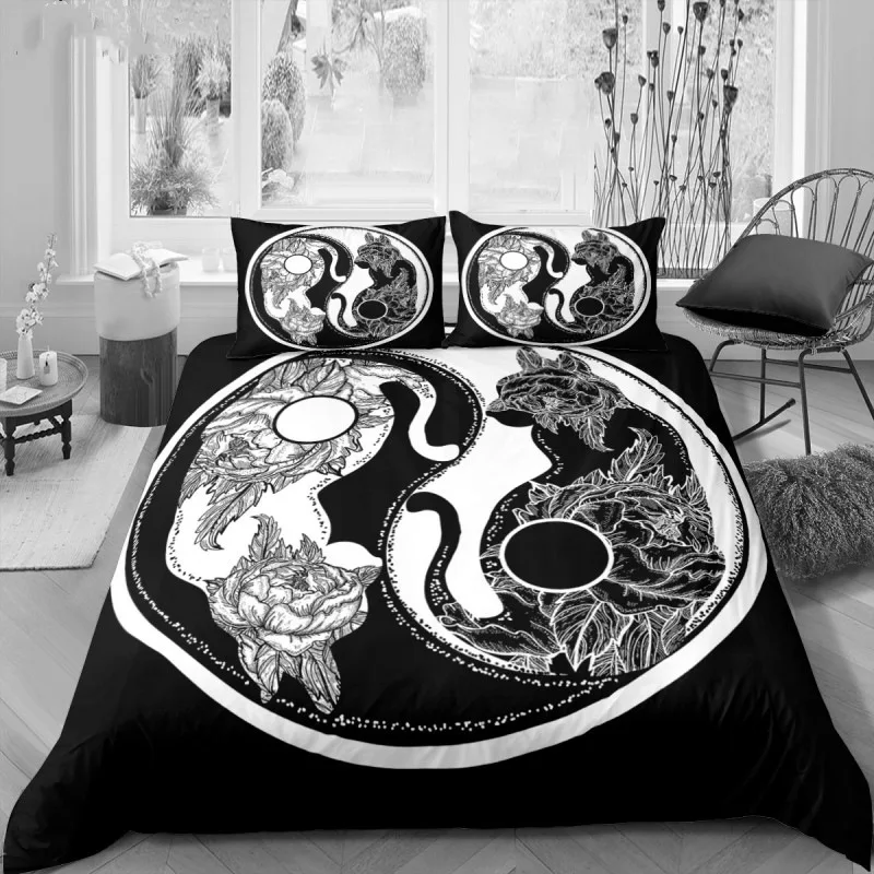 

Microfiber Boho Trippy Art Bedding Set Yin Yang Duvet Cover Chinese Style Gossip Koi Couple Fish Comforter Cover For Boys Girls