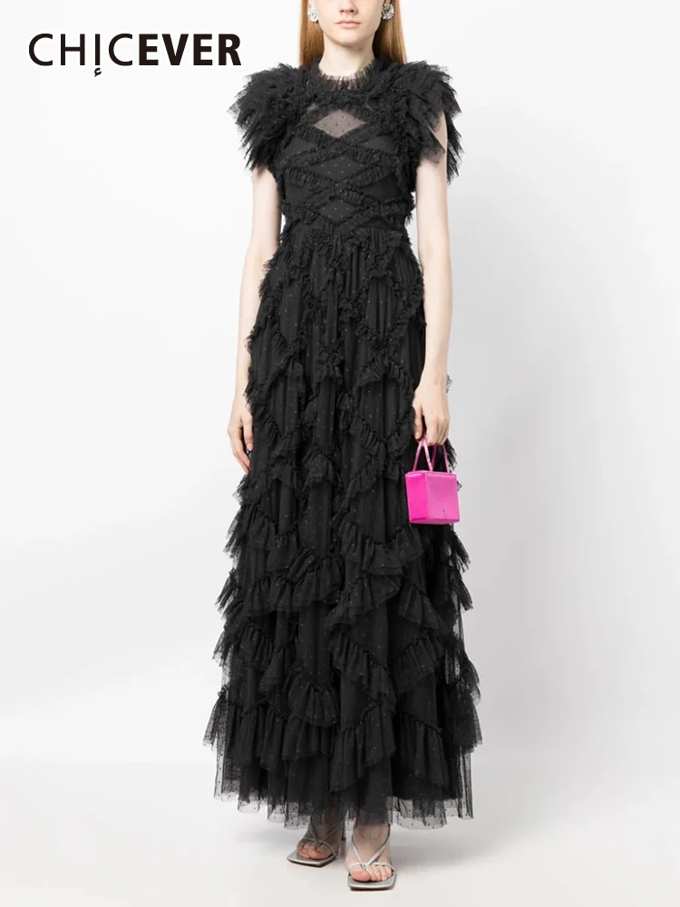 

CHICEVER лоскутное Сетчатое однотонное платье для женщин с круглым вырезом и рукавами-крылышками и высокой талией, летнее элегантное ТРАПЕЦИЕВИДНОЕ платье для женщин, новинка
