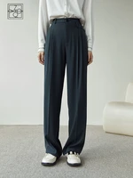 fansialen pleated design full regular straight panst loose waist dark grey hight waist office lady solid all match trousers