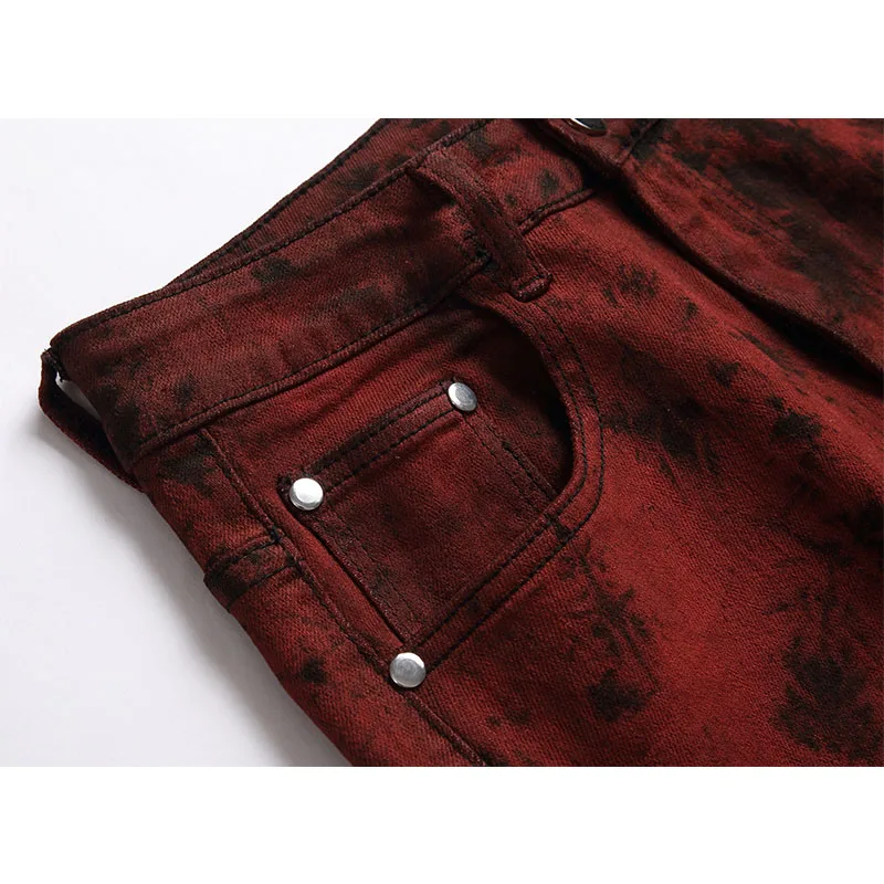High-quality Men's Tie-dye Jeans Brick Red Straight Denim Slim Fit Pants Streetwear Fashion Stretch Trousers Jeans for Men