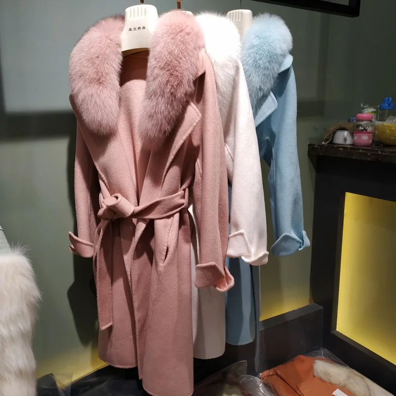 

New 2022 Vintage luury real Wool Blended Women trench With Real Fox Fur Cashmere coats Outwear