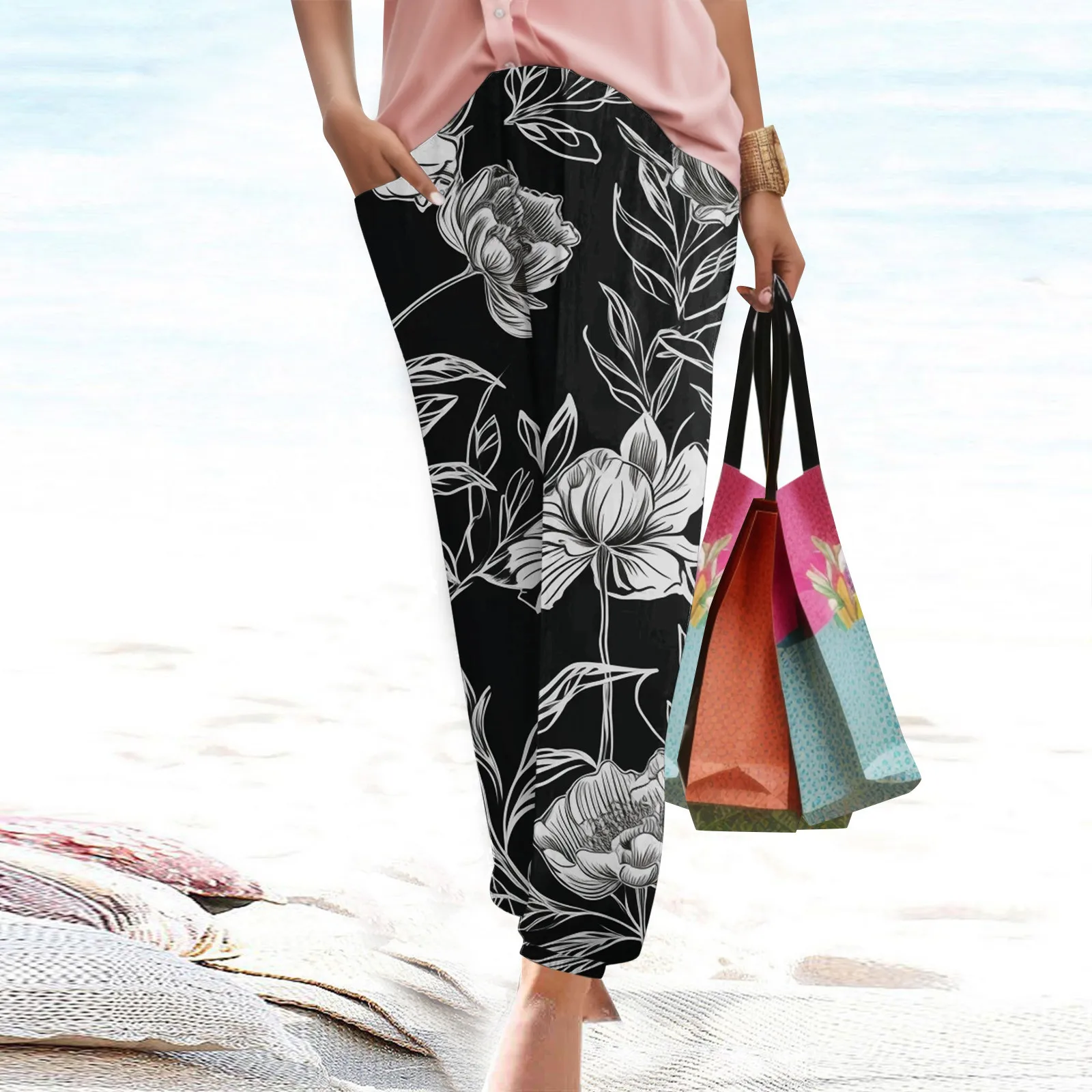 Women Print Harem Trousers Slip On Trousers Boho Beach Trousers Lightweight Casual Loose Trousers With Women Pants Casual Work